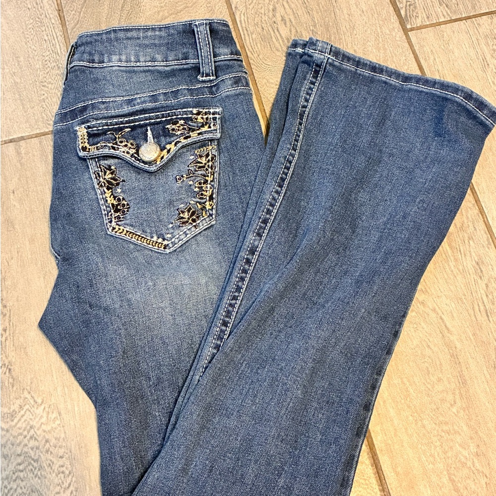 Girls Blue Embellished Pocket Bootcut Jeans